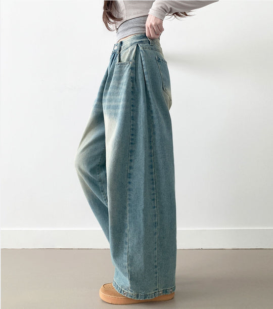 Damen Weite High-Waist Denim-Hose mit Faltenwurf R&B