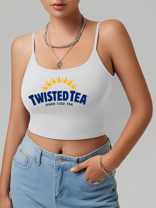 Damen Crop-Top mit kreativem Schriftzug und feinen Trägern R&B