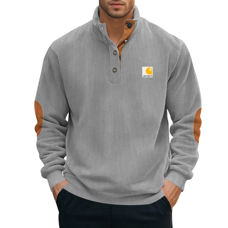 Herren nan Strickpullover im Troyer-Stil mit Stehkragen Lederbesatz Druckknopfleiste und Ellbogen-Patches R&B