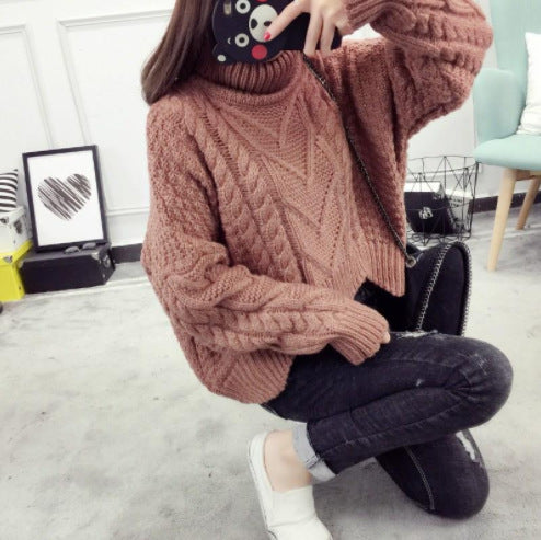 Damen Grobstrickpullover mit hochgeschlossenem Kragen und Zopfmuster R&B