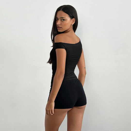 Damen figurbetontes Oberteil mit asymmetrischem Ausschnitt und raffiniertem Rüschen-Design R&B