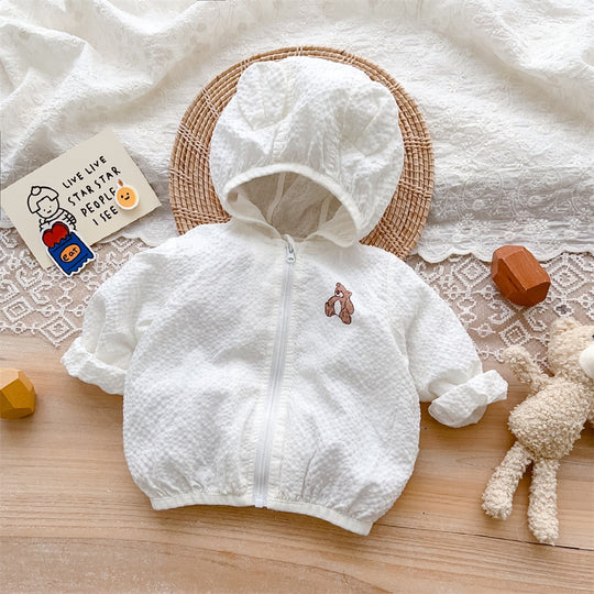 Unisex nan strukturierte Baumwolle Baby Kapuze Zip Front Jacke mit Bären Applikation R&B