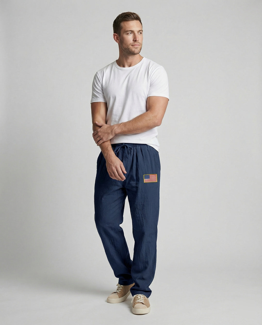 Herren Bequeme Freizeithose mit elastischem Bund und USA-Flaggenapplikation R&B