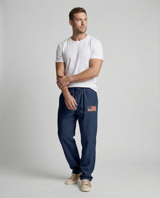 Herren Bequeme Freizeithose mit elastischem Bund und USA-Flaggenapplikation R&B