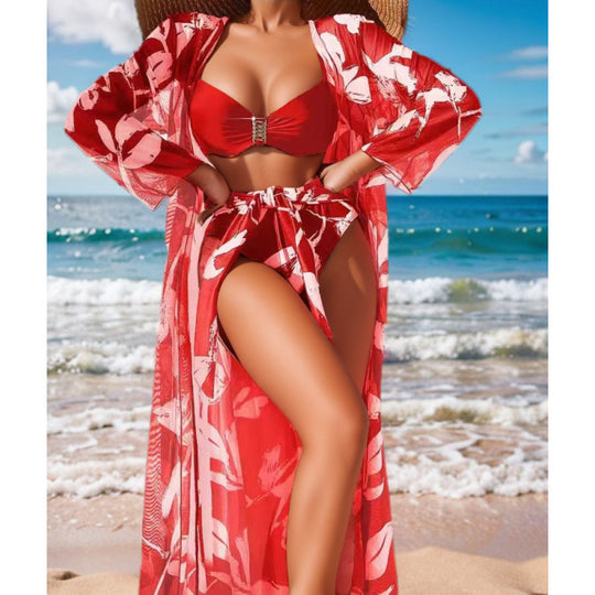 Damen Bikini-Set mit floralem Überrock und stilvollem Bandeau-Oberteil R&B