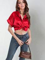 Damen Satin-Bluse mit großem Kragen und überschnittenen Schultern R&B