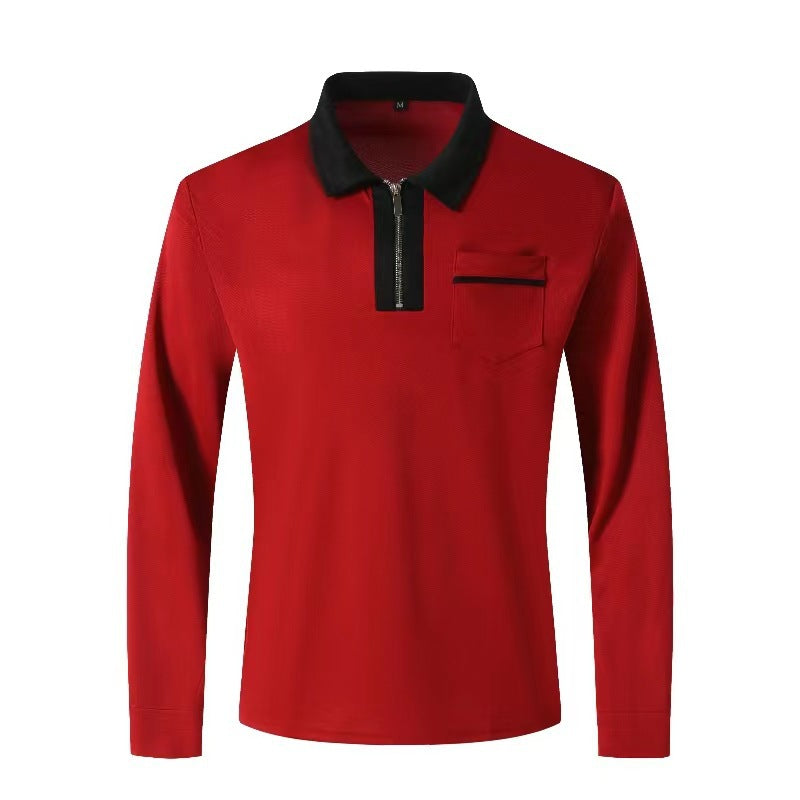 Herren nan elegantes Langarm-Poloshirt mit markantem Stehkragen Metall-Kurzreißverschluss und Brustleistentasche R&B
