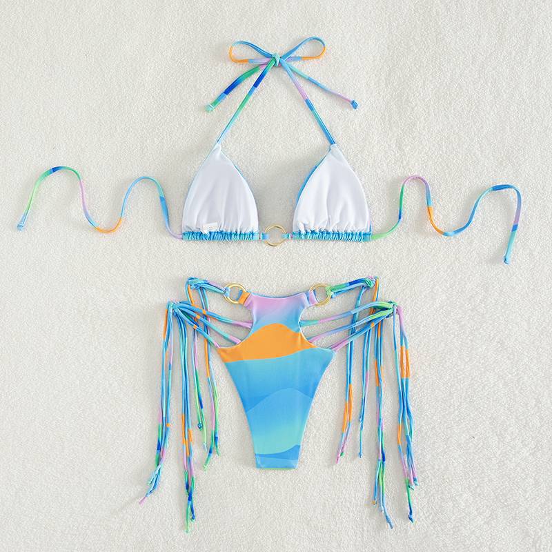Damen Triangel-Bikini mit modischen Schnüroptik und schimmernden Ringdetails R&B