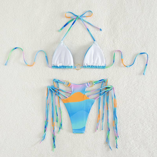 Damen Triangel-Bikini mit modischen Schnüroptik und schimmernden Ringdetails R&B