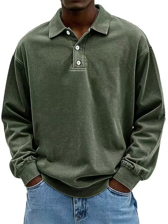 Herren nan lässiges Poloshirt-Sweatshirt mit Kragen, Vintage-Waschung und dreiteiliger Knopfleiste R&B