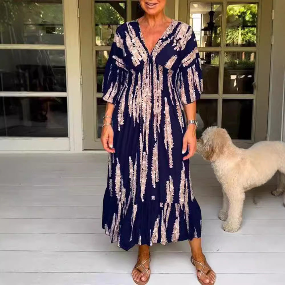 Damen nan Maxikleid mit V-Ausschnitt, vertikalem Pinselprint, geraffter Unterbrustnaht und stufigem Volantrock R&B