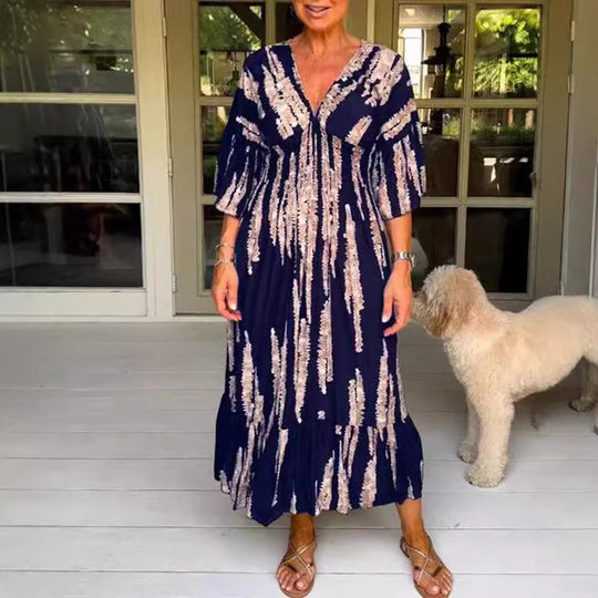 Damen nan Maxikleid mit V-Ausschnitt, vertikalem Pinselprint, geraffter Unterbrustnaht und stufigem Volantrock R&B