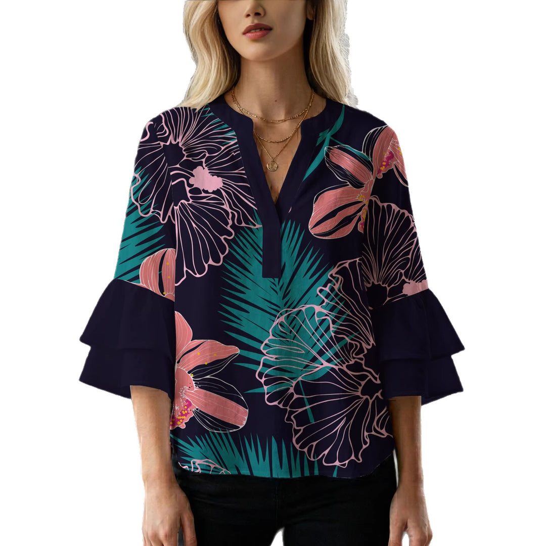 Damen Bluse mit voluminösen Rüschenärmeln und floralem Druck R&B