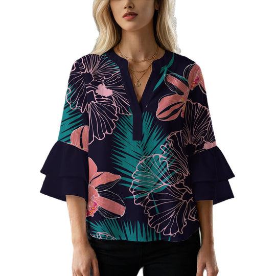 Damen Bluse mit voluminösen Rüschenärmeln und floralem Druck R&B