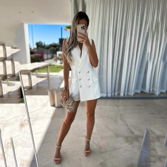 Damen elegantes Blazer-Kleid mit doppelt gearbeiteten Knöpfen und Eingrifftaschen R&B