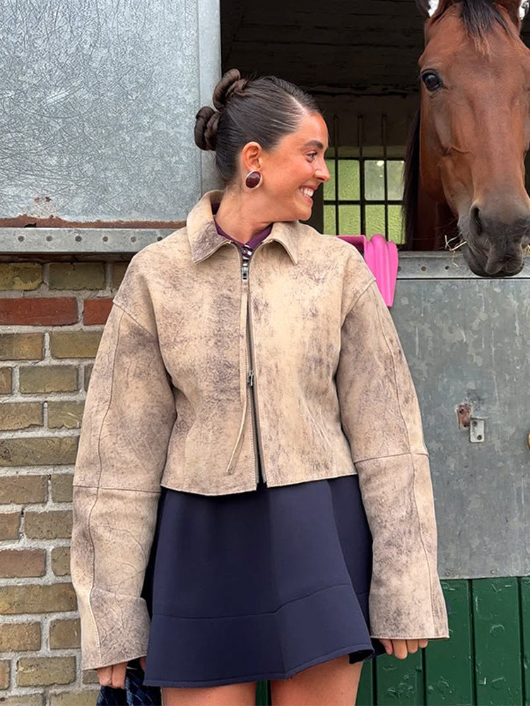 Damen modische Wildlederjacke mit voluminösen Ärmel R&B
