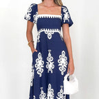 Damen Maxikleid mit elegantem quadratischen Ausschnitt und verspielten Puffärmeln R&B