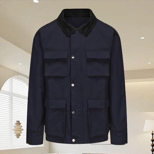 Herren modische Utility-Jacke mit mehreren praktischen Taschen und Kunstfellkragen R&B