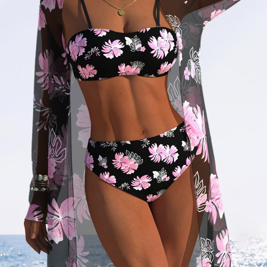 Damen Bikini-Set mit floralem Design und transparenter Strandjacke R&B