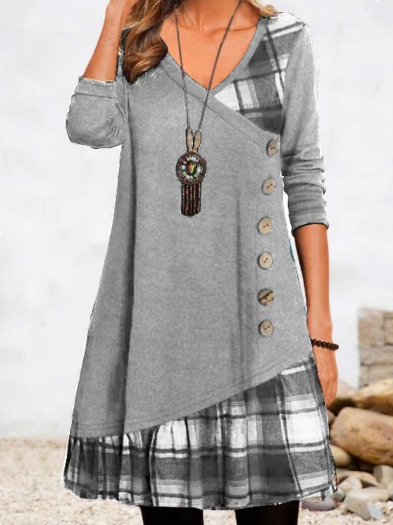 Damen nan asymmetrisches V-Ausschnitt-Tunika-Kleid mit Zierknopfleiste und Animalprint-Besatz R&B