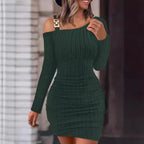 Damen Figurbetontes Strickkleid mit asymmetrischem Schulterdesign und dekorativen Akzenten