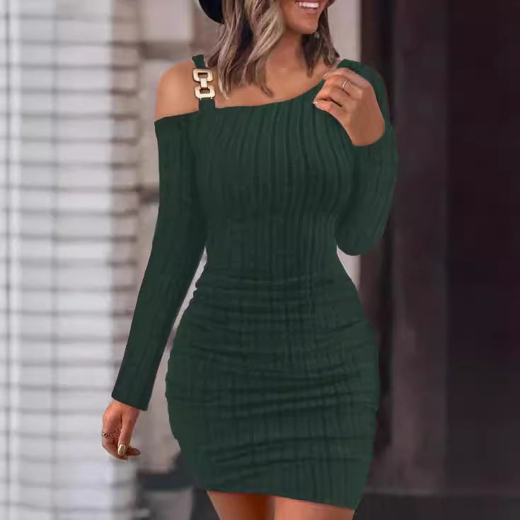 Damen Figurbetontes Strickkleid mit asymmetrischem Schulterdesign und dekorativen Akzenten