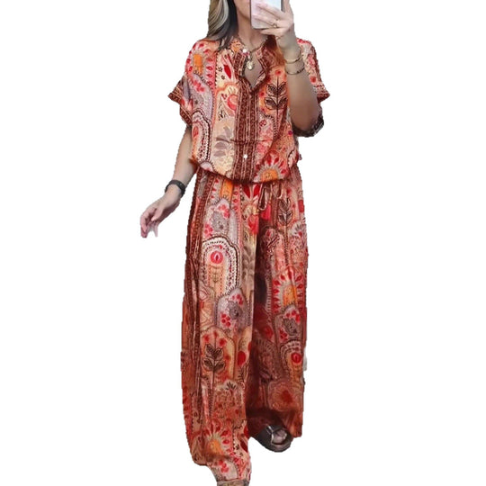 Damen nan Boho-Zweiteiler aus leichter Viskose mit Kurzarmbluse Knopfleiste Kordelbund und weitem Palazzohose R&B