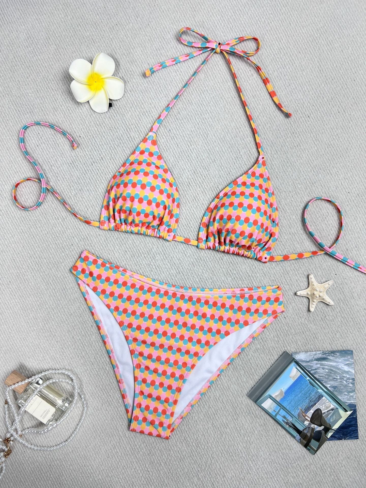 Damen Triangel-Bikini mit buntem Punktedesign und verstellbaren Bändern R&B