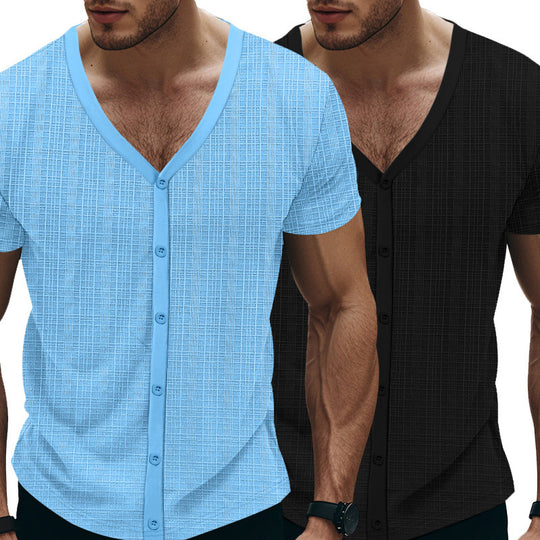 Herren Kurzarm Henley-Shirt mit strukturiertem Design und Knopfleiste R&B