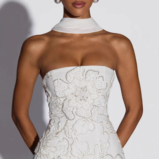 Damen Strapless Abendkleid mit seitlichem Schlitz und floralen Applikationen R&B