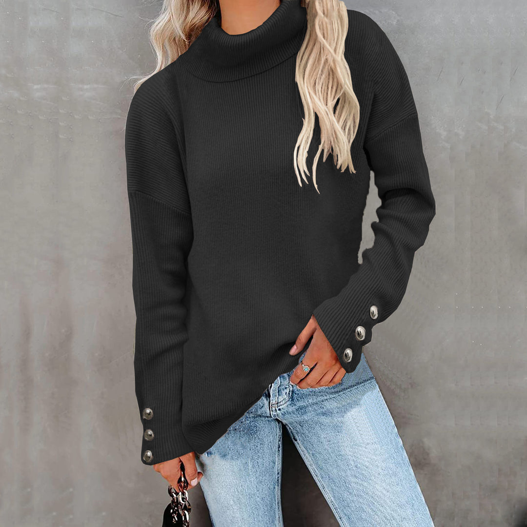 Damen Grobstrickpullover mit Rollkragen und Knopfdetail R&B
