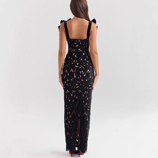 Damen nan figurbetontes bodenlanges Spitzenabendkleid in Säulenform mit Zierschleifen-Trägern R&B