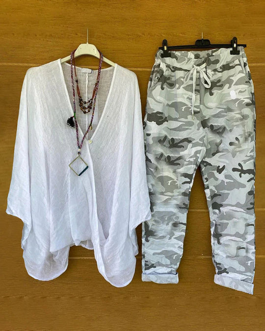 Damen nan Zweiteiler aus fließendem Kimono-Top und Camouflage-Jogginghose R&B