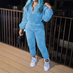 Damen nan kuscheliges Teddy-Fleece Zweiteiler mit Halbreißverschluss und High-Waist Jogginghose R&B
