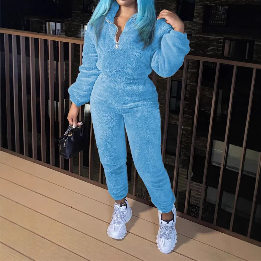 Damen nan kuscheliges Teddy-Fleece Zweiteiler mit Halbreißverschluss und High-Waist Jogginghose R&B