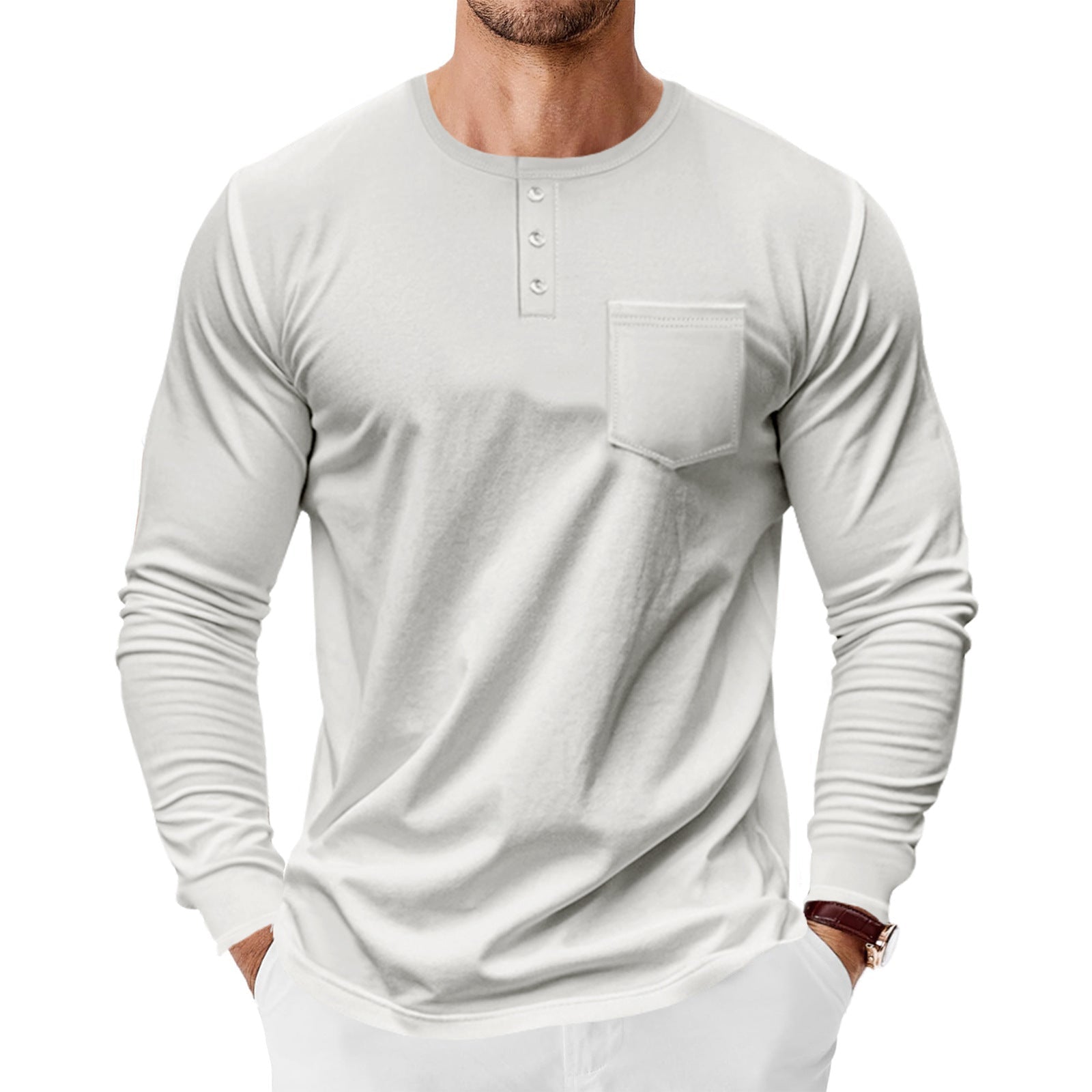 Herren Langarm-Henley-Shirt mit praktischer Brusttasche und modischen Knopfdetails R&B