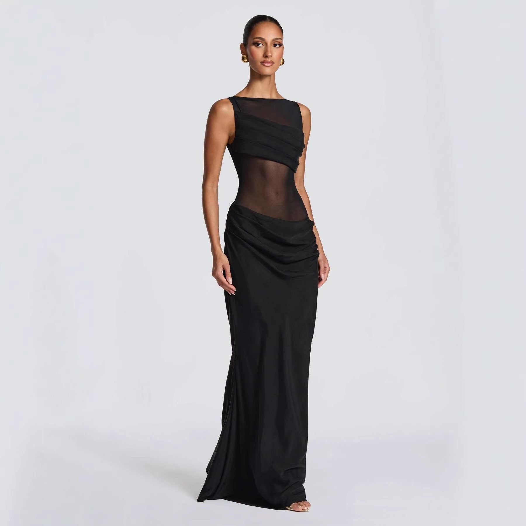 Damen Elegantes Abendkleid mit transparentem Oberteil und raffinierten Rüschen EB