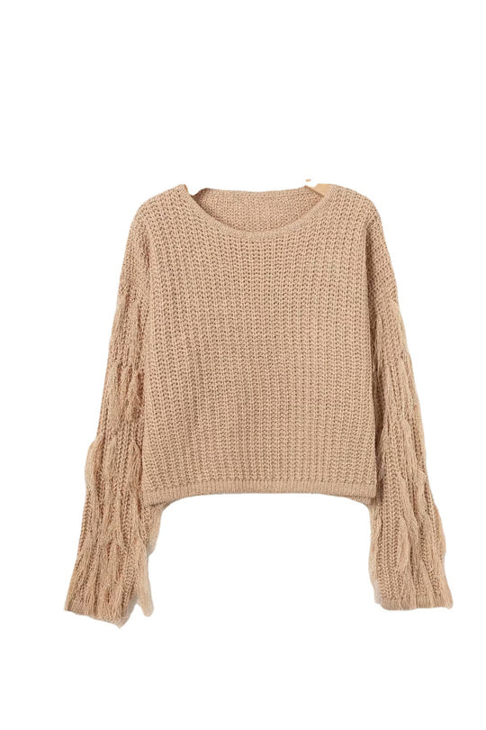 Damen trendiger Grobstrickpullover mit fransigen Ärmeln R&B