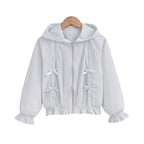 Damen nan romantische Kapuzenjacke mit Spitzendekor, Zierschleifen und gerafftem Saum R&B
