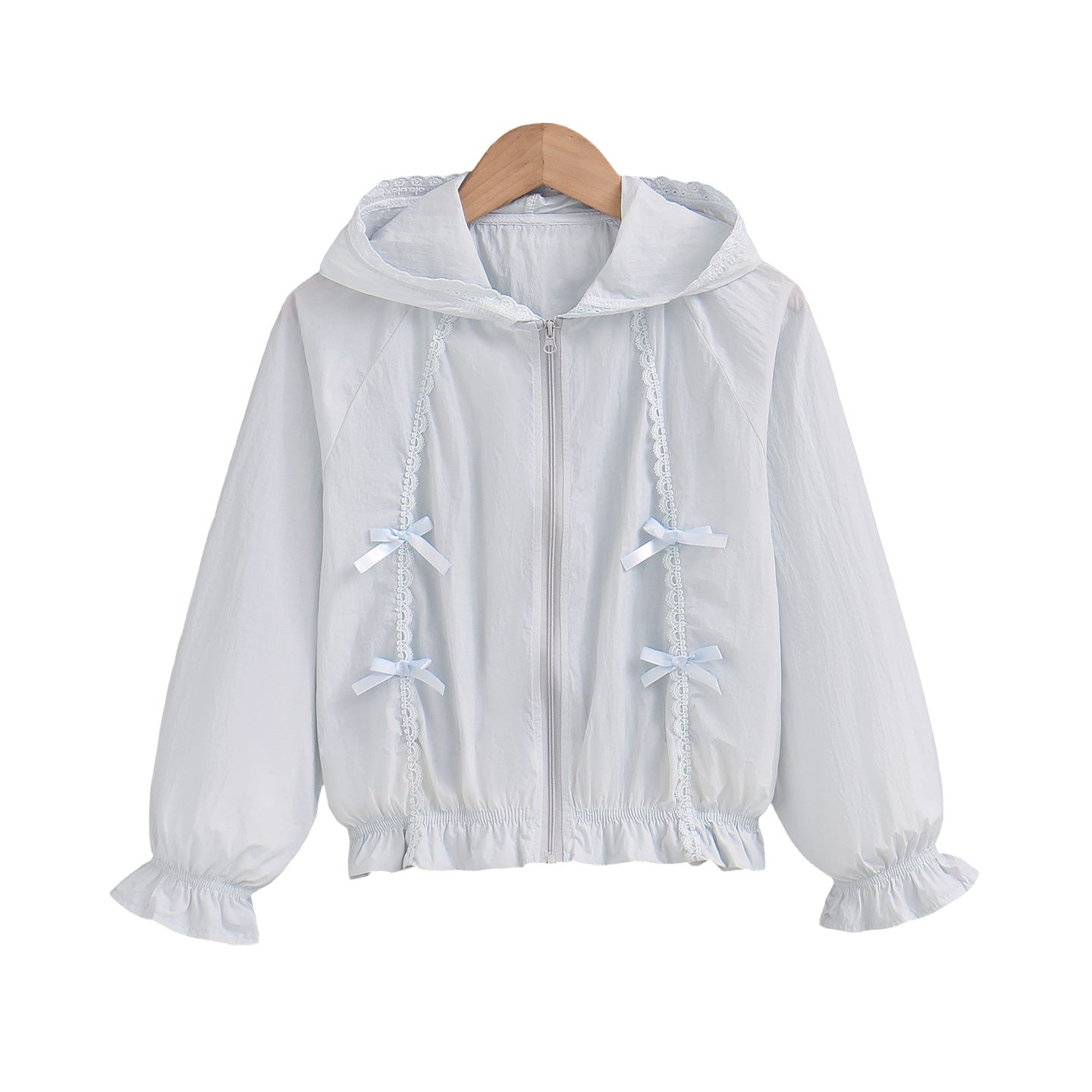Damen nan romantische Kapuzenjacke mit Spitzendekor, Zierschleifen und gerafftem Saum R&B
