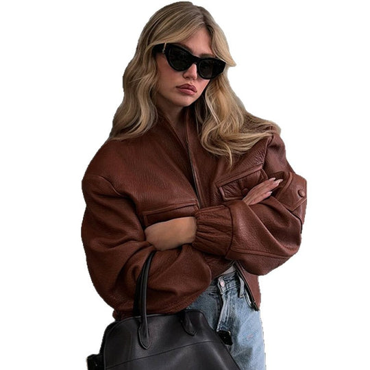 Damen Modische Kunstlederjacke mit einzigartigen Taschen und elastischen Rippabschlüssen R&B