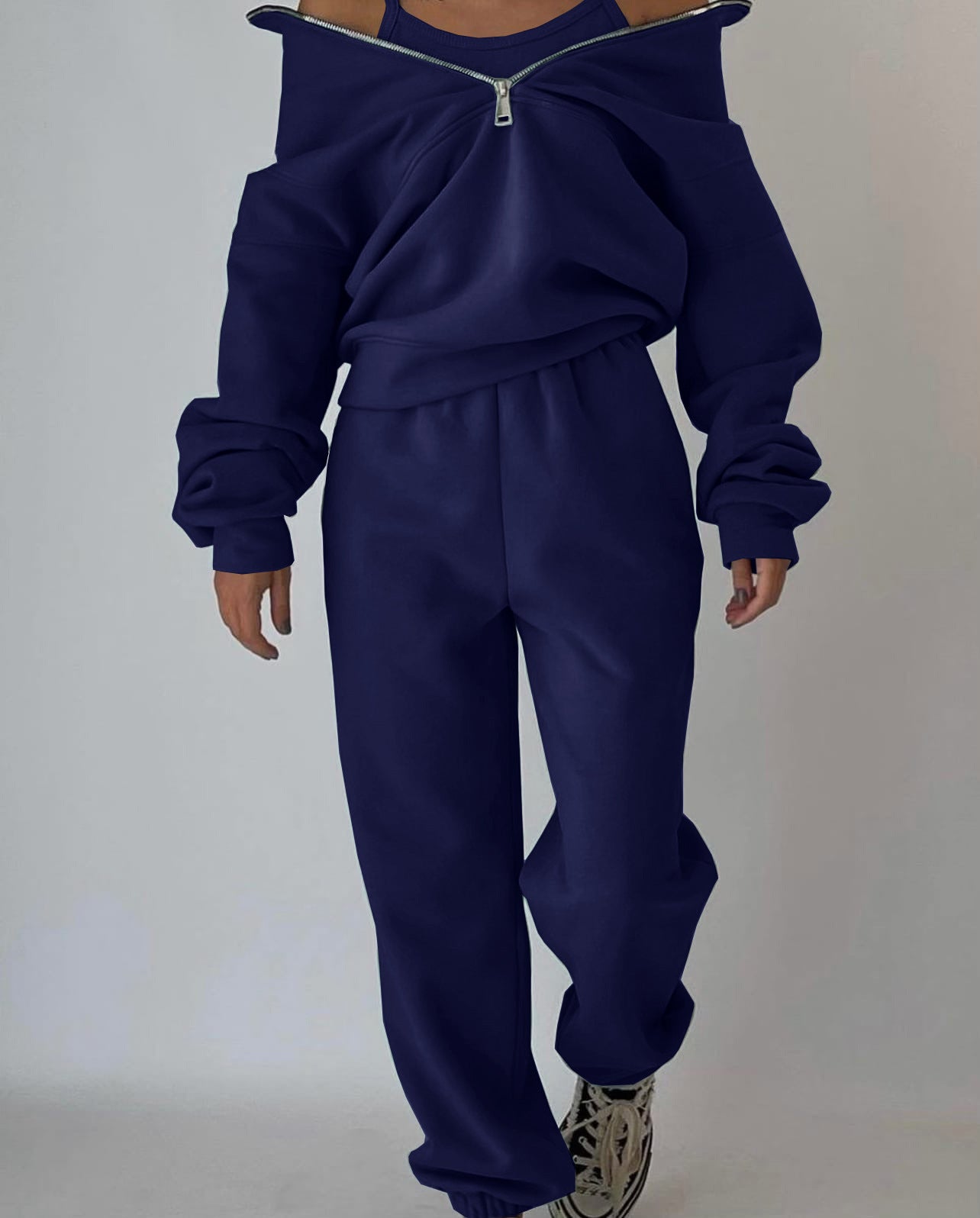Damen Lässiger Oversized-Hoodie und Jogginghose Set mit Praktischem Reißverschluss R&B