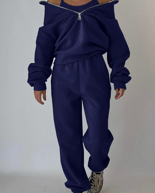 Damen Lässiger Oversized-Hoodie und Jogginghose Set mit Praktischem Reißverschluss R&B