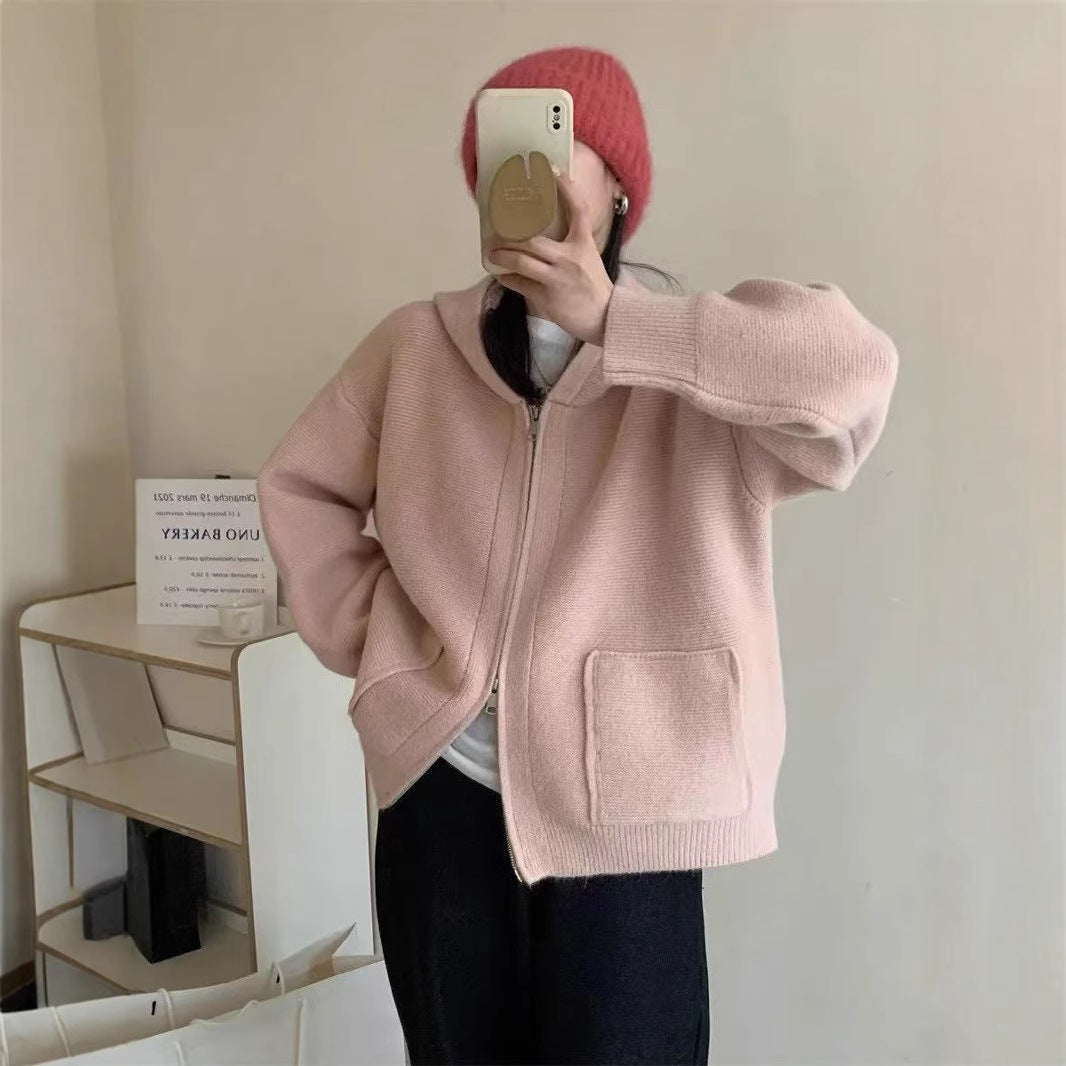 Damen Casual Oversized Strickjacke mit Kapuze und Taschen R&B