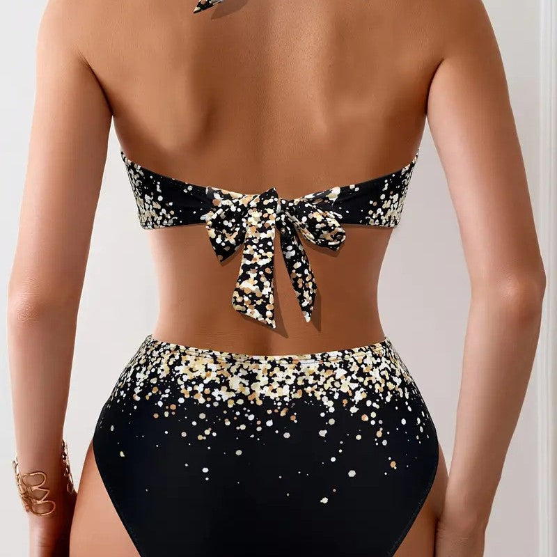 Damen Bikini-Set mit hoch taillierter Hose und asymmetrischem Oberteil R&B