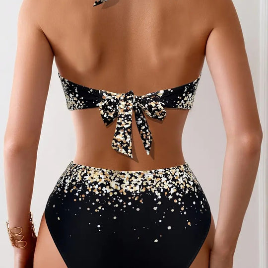 Damen Bikini-Set mit hoch taillierter Hose und asymmetrischem Oberteil R&B