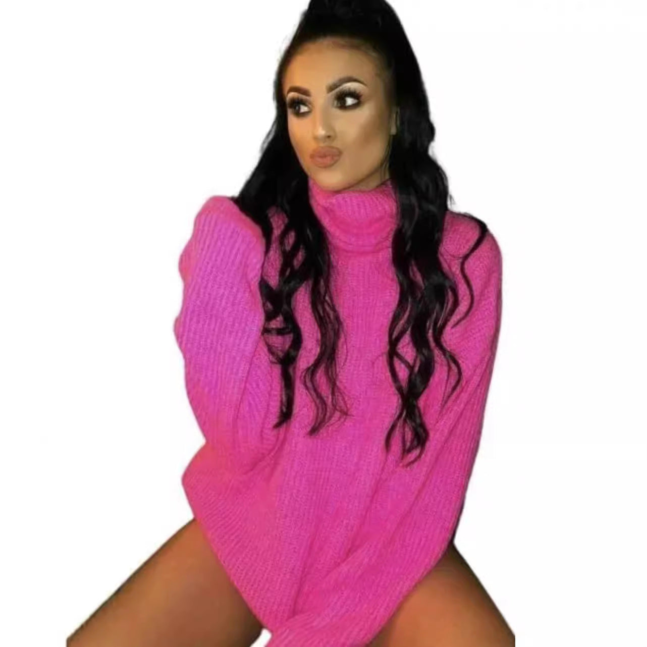 Damen Oversized-Strickpullover mit hohem Kragen und lässigem Schnitt R&B