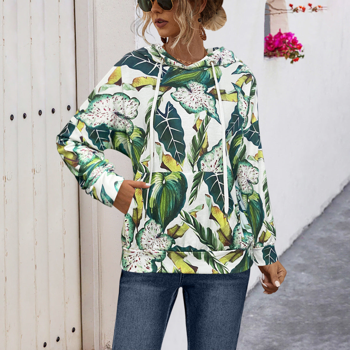 Damen Kapuzenpullover mit blühendem Blumenmuster und gemütlichem Schnitt R&B