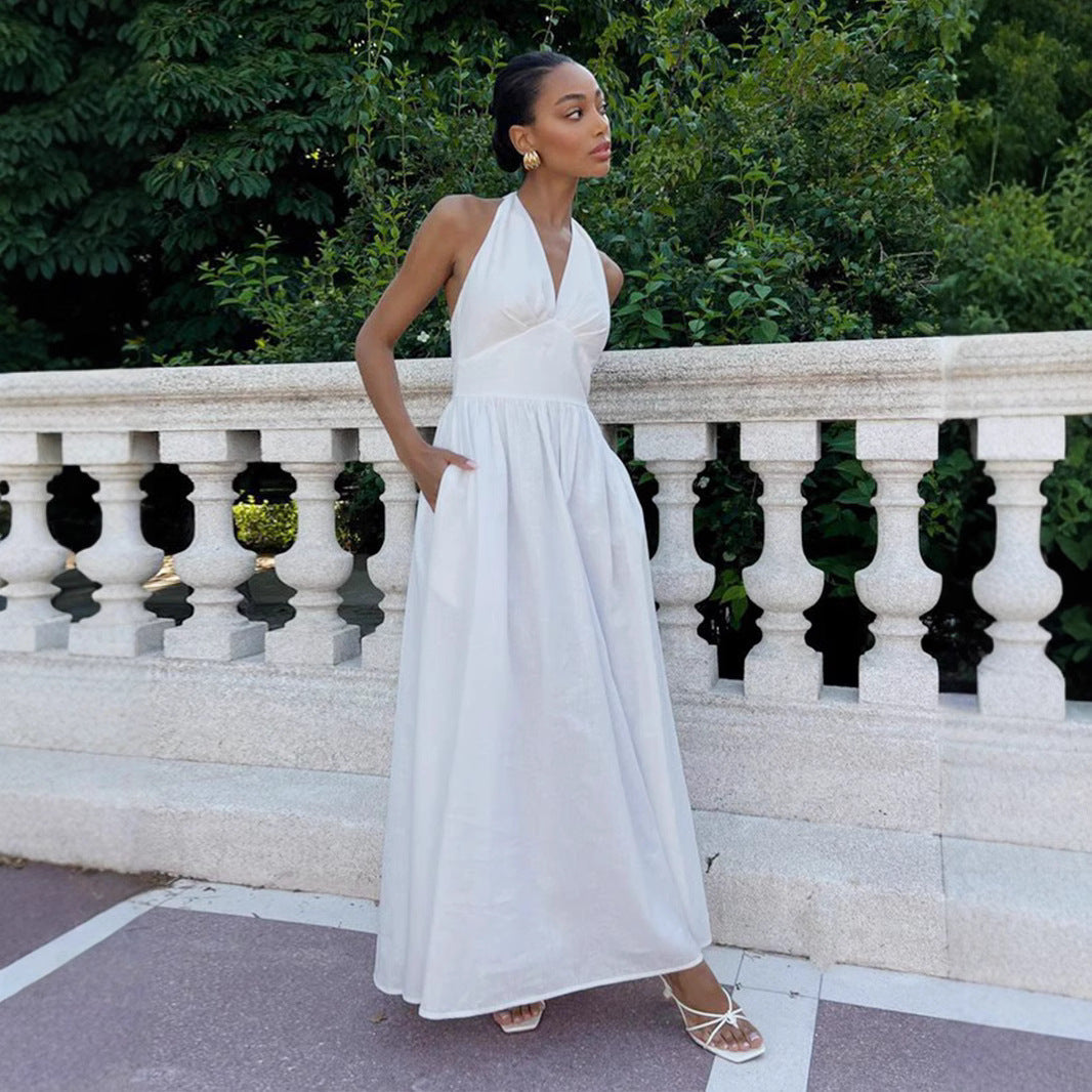 Damen Elegantes Maxikleid mit Halterneck-Design und fließendem Rock R&B