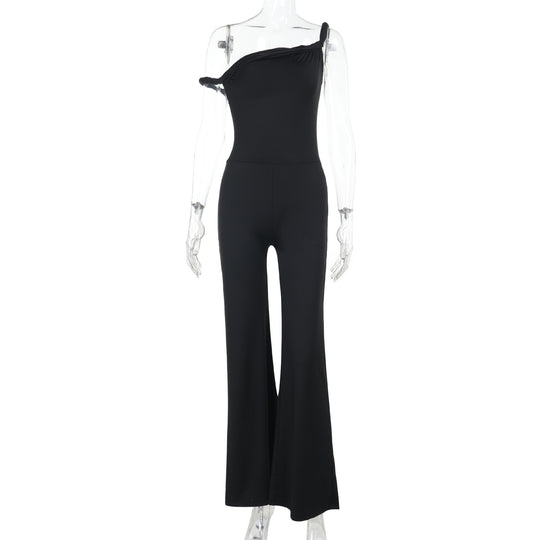 Damen schulterfreier Jumpsuit mit weitem Bein und elastischem Oberteil R&B